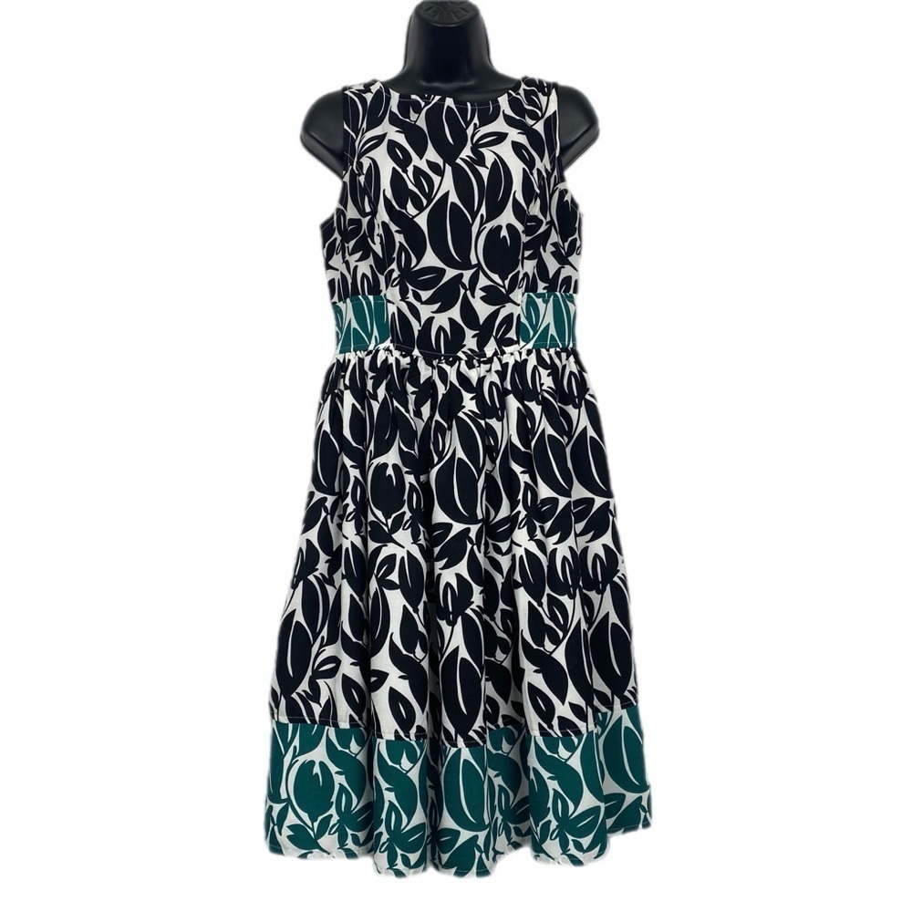 eShakti Sleeveless Fully Lined Midi Dress with Pockets Size 8 Black Green White